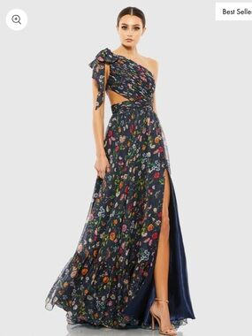 Mac Duggal Navy Floral One-Shoulder Cutout Gown